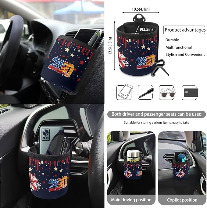 Wanyint 15 PCS Car Seat Covers Set with Steering Wheel Seat Belt Rear View Mirror Cover Trash Bin Sunglass Pocket Coasters Key Chain for US 250th Anniversary, American Flag Hibiscus Star Stripe