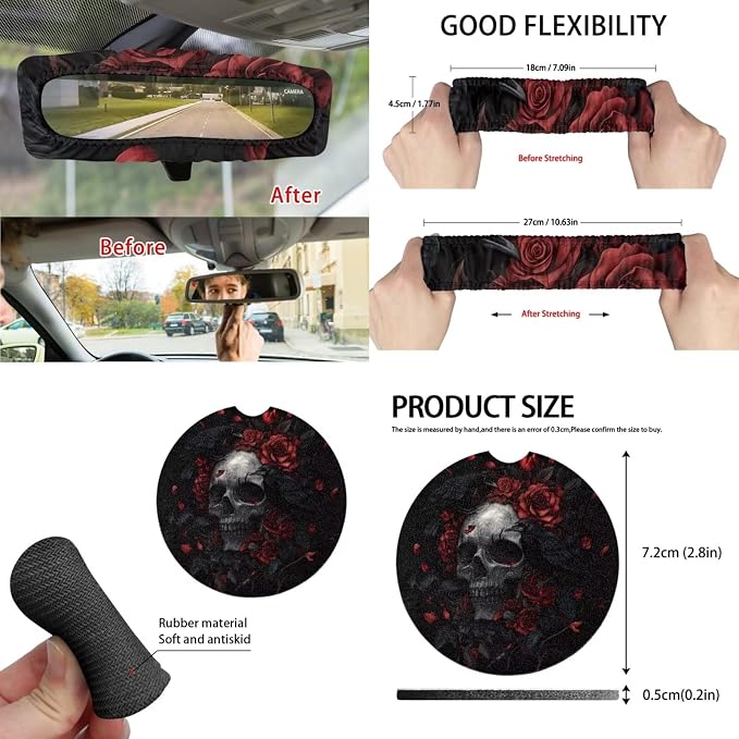 15 Pcs Red Rose Skull Car Seat Covers Full Set for Women Goth Car Accessories Interior Car Steering Wheel Cover Seatbelt Covers Trash Bin Rear View Mirror Cover Cup Holders Keychain