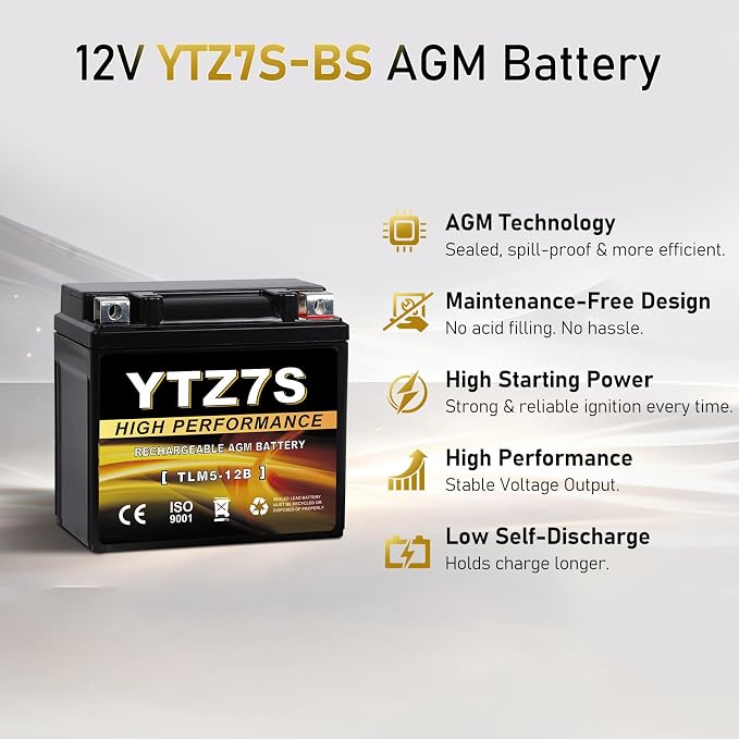 YTZ7S-BS 12V 6Ah AGM Sealed Motorcycle Battery, Maintenance-Free, Compatible with Honda TRX450ER TRX450R ATV, Scooter & 4 Wheeler