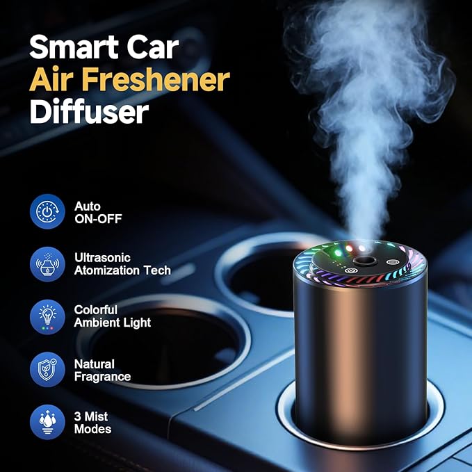 Smart Car Air Freshener with Star Light & 50ml Diffusers Oil Refills, Auto On/Off Aroma Diffuser, 3 Adjustable Mist Modes Rechargeable Aromatizante para Carro - Car Diffuser（Cologne）