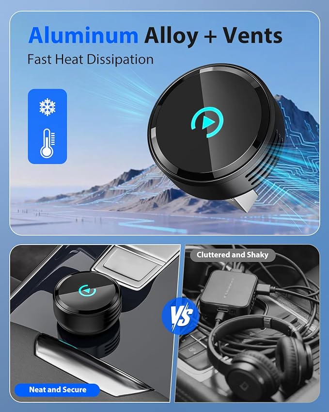 Ultra Mini Circular Wireless CarPlay & Android Auto Adapter, 3-5s Fast Auto Reconnect, Aluminum Alloy Vent Design, 2-in-1 CarPlay Wireless Adapter for iOS & Android with USB A/C Port (Black)