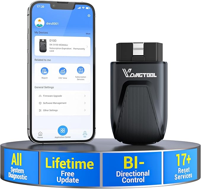 OBD2 Scanner Bluetooth Vdiagtool D100, Bidirectional Scan Tool Wireless - Full System Diagnostic With 17 Resets, Lifetime Updates Crank Sensor Throttle EPB Relearn Car Code Reader for iPhone & Android
