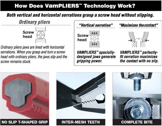VamPLIERS 7.5" Long Nose Specialty Screw Extraction Pliers (VT-001-7LN) + VamPLIERS 8" Pro Linesman Pliers (VT-001-8) (Made in Japan)