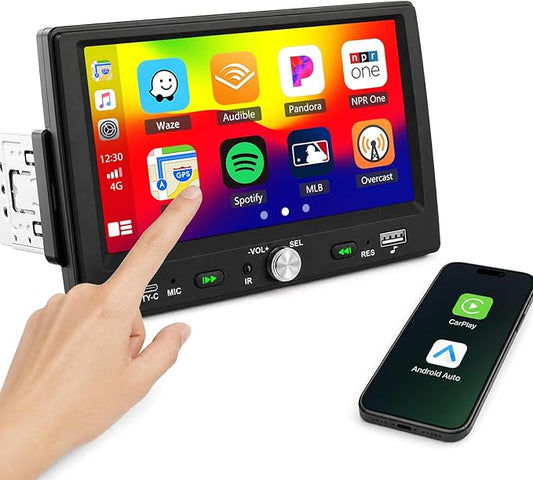 7 Inch Single Din HD Touchscreen Car Stereo CarPlay Android Auto, 1 Din Android Car Stereo with Bluetooth 5.0, Mirror Link, FM, Steering Wheel Control, EQ, USB/Type-C, Supports Reversing Camera
