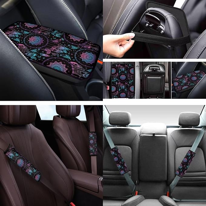 Purple Dreamcatcher Car Seat Covers Full Set 12 Pack with Steering Wheel Cover,Seat Belt Covers Cup Holder with Keychain,Novelty Automotive Protector Set Unverisal Fit Cars SUV