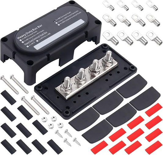 300A Heavy Duty Module Bus BAR 12V 24V 48V DC Power Distribution Block with 4 x 5/16" (M8) Studs, Gift 12pcs Cable Lugs and 20pcs Heat Shrink Tubing - Marine Bus Bar (Black-)