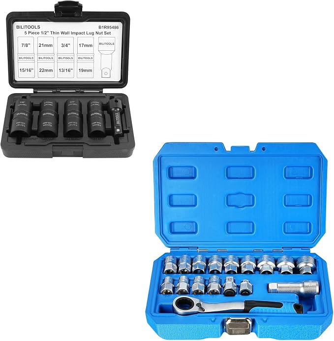 BILITOOLS Lug Nut Impact Socket Set& 17-Piece Pass Through Socket Set, 3/8" & 1/2" Drive Pass Thru Spline Socket & Ratchet Set Go Through Design Metric/SAE 10-24mm
