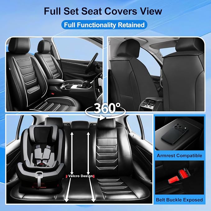 Fit CTS Car Seat Covers for Select Cadillac CTS 2003-2019, Premium Full Coverage Leather, Airbag Compatible, Scratch-Resistant, Waterproof, All Weather Seat Protector, Full Set, Black+White