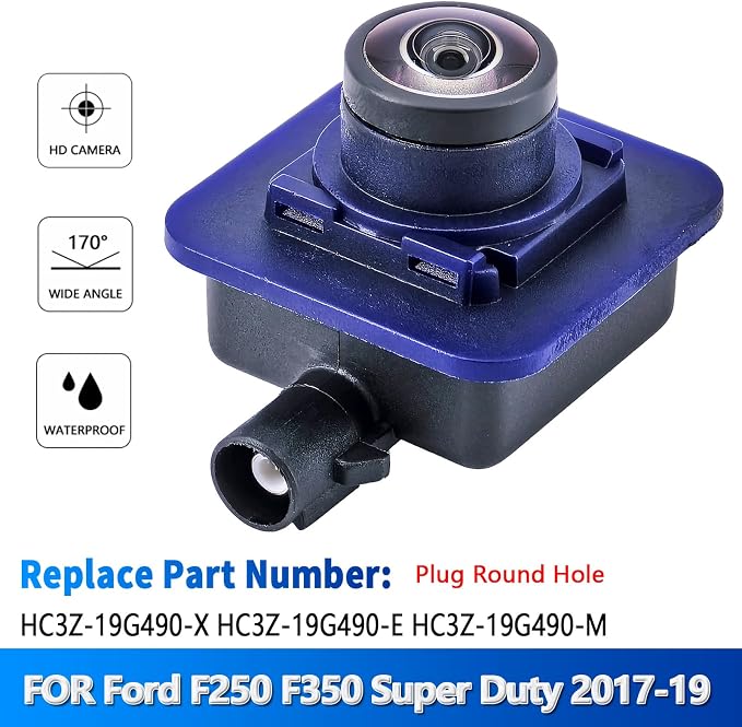 HC3Z-19G490-X Rear View Backup Camera Compatible with Ford F250 F350 Super Duty 2017 2018 2019 Reverse Park Assist Back Up Camera HC3Z-19G490-E HC3Z-19G490-M HC3Z-19G490-T, Plug Round Hole