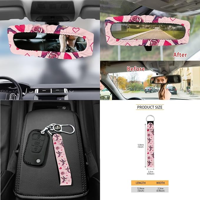 Hummingbird Rose Heart Pattern Car Seat Covers for Women with Steering Wheel Cover and Seat Belt Pads, Trash Bin, Mirror Cover, Cup Coasters, Keychain, Pack of 15