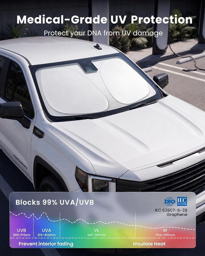 REEVAA 2026 3rd Pro Windshield Sunshade for 2019-2026 GMC Sierra | Dual-Layer Heat & Sun Defense, OEM Design | Foldable Sun Shade Car Accessories with Storage Bag