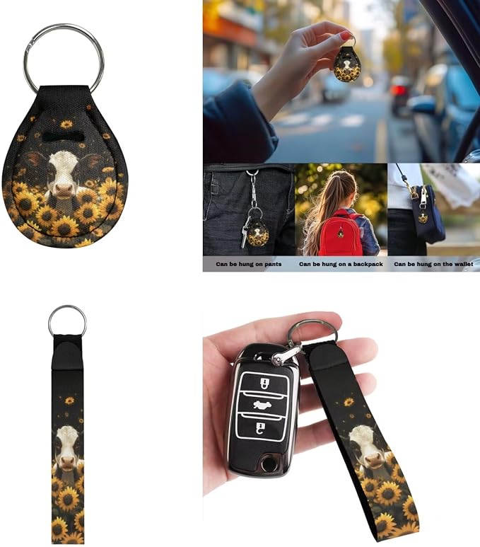 Cow Sunflower Black Print Car Accessories Car Seat Covers Full Set with Steering Wheel Covers+Seat Belt Pads+Coasters+Keychain+Lipstick Holder Universal Fit 13 Pack