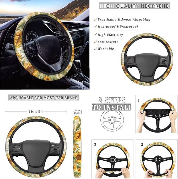 Xoenoiee Hummingbird and Sunflower Design Car Seat Cover Front & Rear Seat Cover with Steering Wheel Cover + Seat Belt Cover+ Cup Coasters+ Key Chains Universal Fit for Van Truck SUV