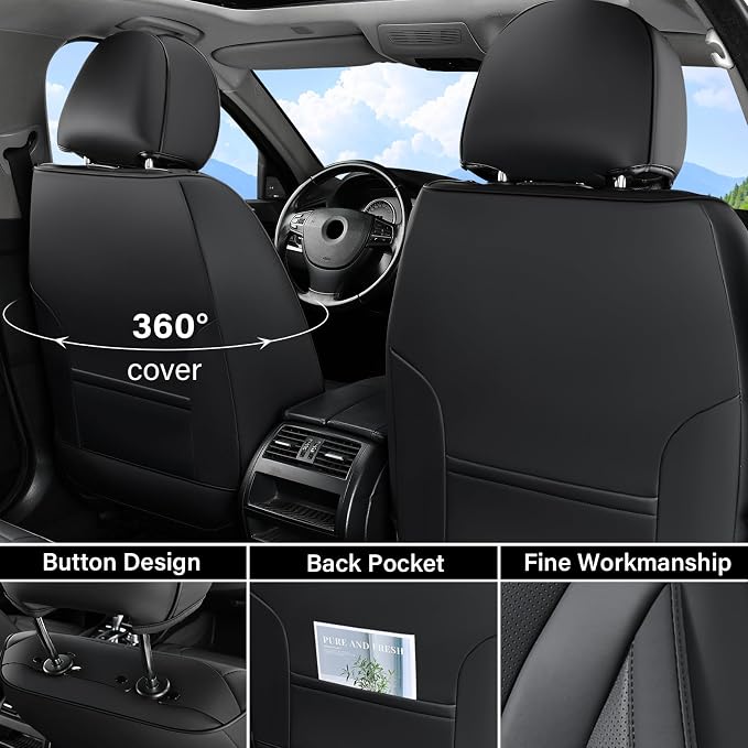 Coverado Waterproof Nappa Leather Car Seat Covers, Automotive Seat Covers Fullset, 5 Seat Car Seat Cushion & Car Seat Protector, Black Front and Rear Covers Universal Fit for Most Cars, SUVs, Trucks