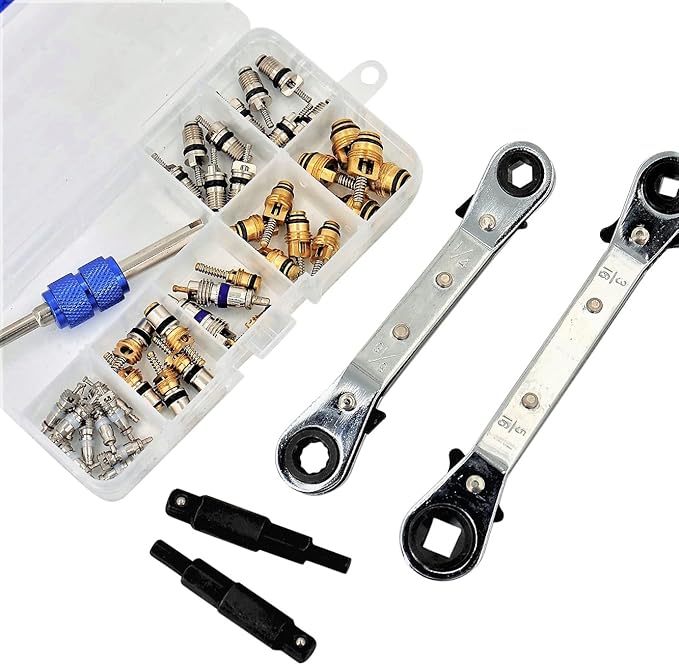 A/C Repair Starter Kit | HVAC Service Ratchet Wrenches (2) - Settings: 1/4" - 3/8" - 3/16" - 5/16" | Valve Core Assortment Set for R12 - R134a Refrigeration Leak Fix | Wrench Includes Hexagon Bits