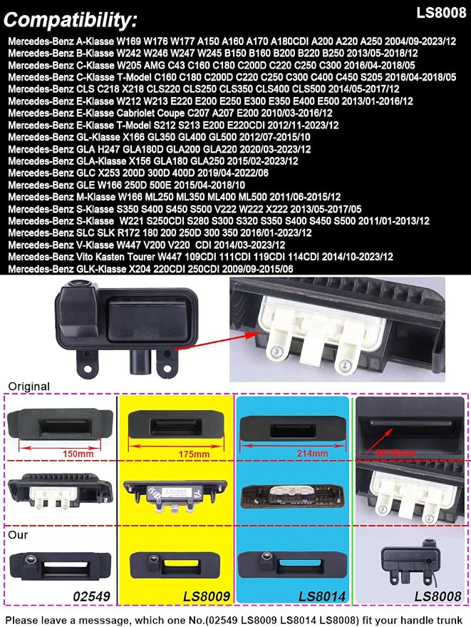 1280 * 720pixel Rear View Camera Waterproof Car Trunk Handle Backup Camera for Mercedes Benz Mercedes-Benz A-Klasse W169 W176 W177 A150 A160 A170 A180CDI A200 A220 A250 W242 W246 (LS8008=88 * 38mm)