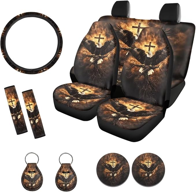 Suobstales Eagle Cross Fire Print Car Seat Covers 11 Pcs Car Accessories Interior Set Auto Front Rear Split Seats Protectors with Steering Wheel Cover, Seatbelt Pads, Cup Holder, Keychain