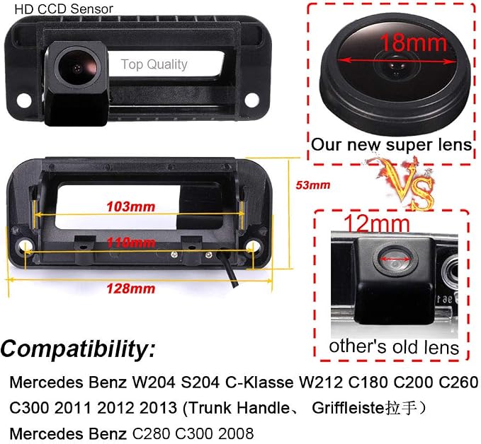 HD IP68 1280Pixels 170° Auto Trunk Handle Button Tail Gate Rear View Reversing Backup Parking Camera Compatible with Mercedes Benz W204 S204 C-Klasse W212 C180 C200 C260 C300/Mercedes Benz C280 C300