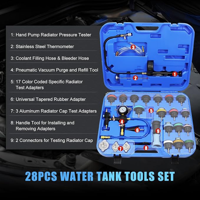 JIFETOR Radiator Pressure Leakage Tester Vacuum Cooling System Purge Coolant Refill Tool Kit 28PCS Universal Automotive Water Tank Leak Test Detector Pneumatic Vacuum Coolant Change Set