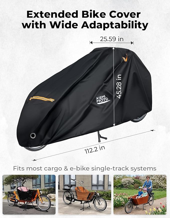 KEMIMOTO Bike Cover Outdoor, 420D Heavy Duty for Adult 2 Wheel Cargo Bicycles, Rain Covers for Storage Waterproof with UV & Wind Protection, Folding Extra Large Ebike Tarp for Outdoor Storage