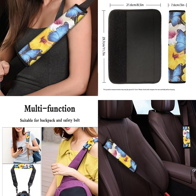 Hibiscus Seat Covers for Cars 13 Pcs, Blue Morpho Car Interior Accessories Auto Center Console Pad, Colorful Tropital Floral Butterfly Cover for Cars Interior Universal