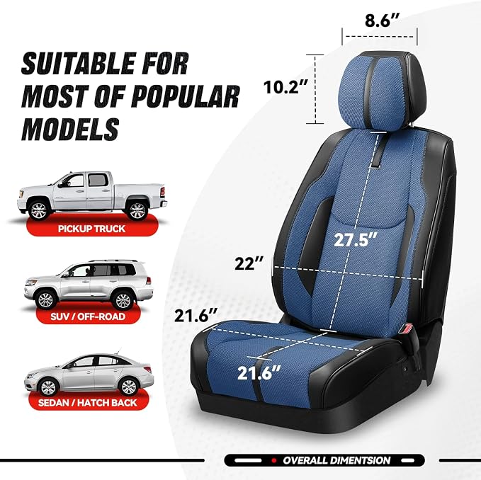 Auto Dynasty Car Seat Covers Front Pair, Automotive Seat Covers for Cars Breathable Waterproof, Universal Anti-Slip Car Interior Protectors Compatible Airbag Fit Most Cars, Blue, Drive Series