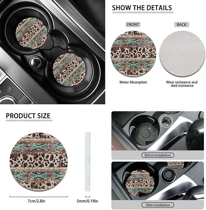 Wanyint Aztec Brown Cow Print Retro Car Seat Cover Full Set with Steering Wheel Cover Gear Shift Knob Cover Handbrake Protector Coasters Headrest Covers Universal Fit for Most Vehicles, Set of 11