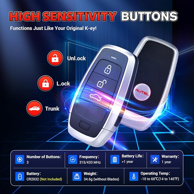 Autel Original Universal Key Fob Replacement, 3-Button Keyless Entry, 2026 Programmable Blank Key IKEYAT003BL, Dual-Band, 130FT Remote, OE-Quality, Work with KM100 Scan Tool