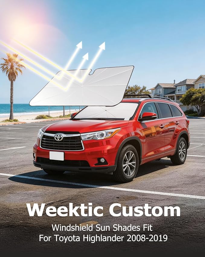 Weektic Custom Windshield Sun Shade Umbrella for Toyota Highlander 2008-2019, [Double Thickened Ice Crystal Coating] Sun & Heat Protection, Keep Vehicle Cool & Protect Interior