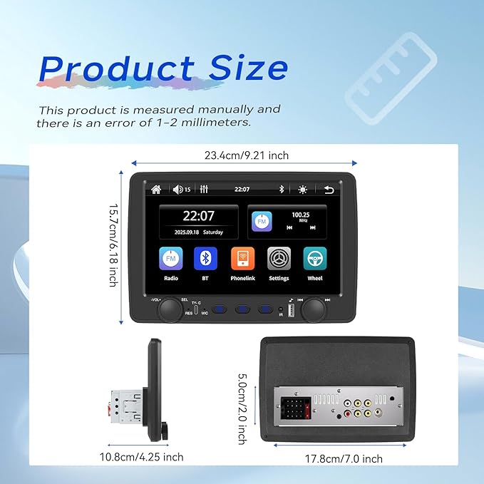 Rimoody Single Din Car Stereo with Wireless Carplay & Android Auto, 9 Inch Touchscreen Car Audio Receiver, Mirror Link, Bluetooth Handsfree/FM/, Backup Camera, SWC, USB/Type-C, EQ, Remote Control
