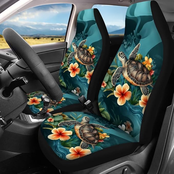 Sea Turtle Car Seat Covers Full Set of 17 Pcs,Plumeria Car Accessories with Animal Turtle Car Floor Mats Auto Seat Belt Cover Steering Wheel Cover Automotive Interior Seat Mat Cover for Women