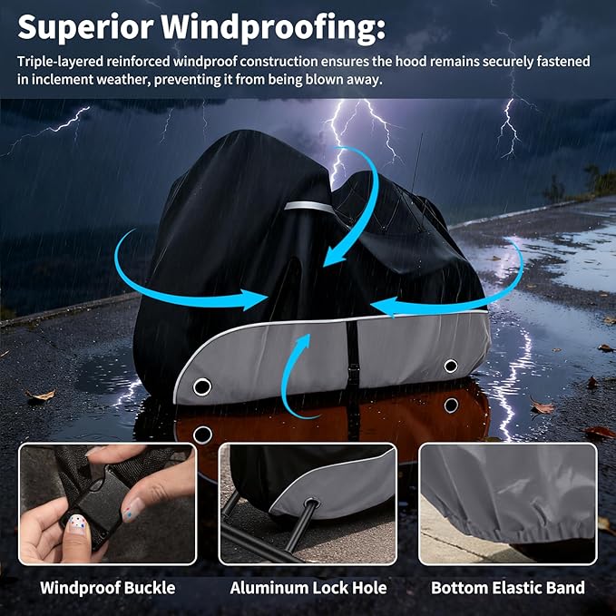 Trike Cover, 420D Outdoor Waterproof Three Wheeler Cover with Ventilation Holes and Reflective Strips, Suitable for Trike Models Freewheeler, CVO Version, Tri Glide, Chieftain, Goldwing Grey