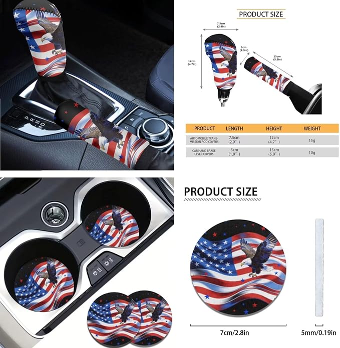 AFPANQZ Car Seat Covers Full Set 11 Pcs with Seat Belt Shoulder Pads, Cup Holder, Steering Wheel Cover, Gear Shift Knob Cover, Handbrake Protector with USA Flag Eagle Print