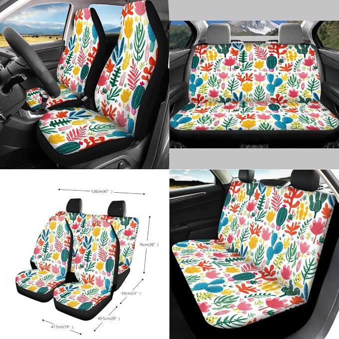 Floral Cactus Print 15 Pack Car Seat Covers Set with Steering Wheel Cover Seat Belt Strap Pad Rear View Mirror Cover Air Vent Storage Bag Garbage Cans Cup Holder Keychain Car Decor