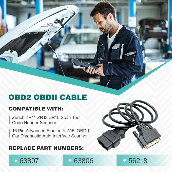 5FT OBD2 OBDII Cable Fit for Zurich ZR11 ZR13 ZR15 Scan Tool Code Reader Scanner, Replace 63807 63806 56218 Diagnostic Scan Tool Cord