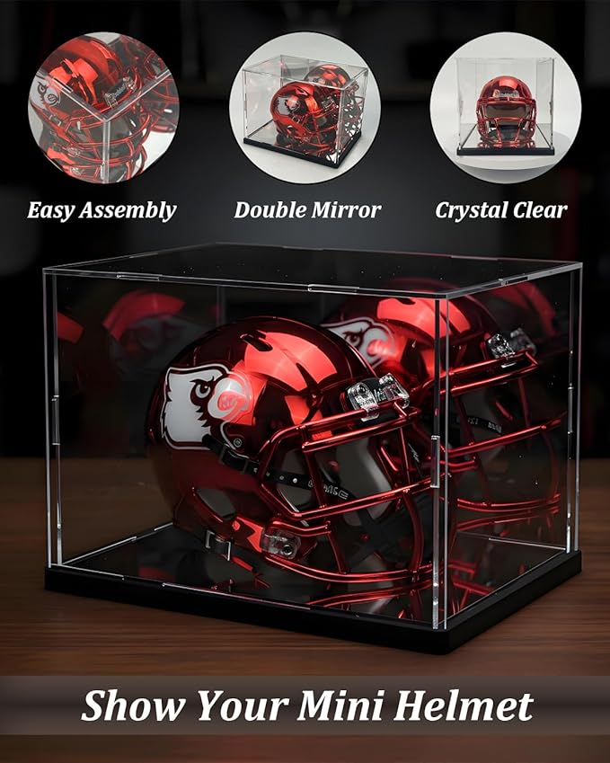 Mini Helmet Display Case with UV Protection & Mirror Back | Clear Acrylic Showcase for 1:2 Scale Football, Baseball & Sports Memorabilia | 7.9" x 5.9" x 5.9" Dustproof Box