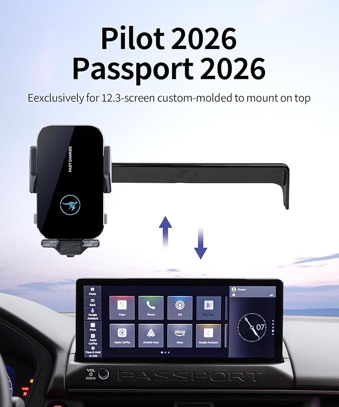 15W Wireless Fast Charger for Honda Passport 2026 / Honda Pilot 2026 Accessories 12.3-inch Screen Fixed Clip, Interior Decoration Mobile Phone Mount, 360° Rotation, Don't Affect Air Vent