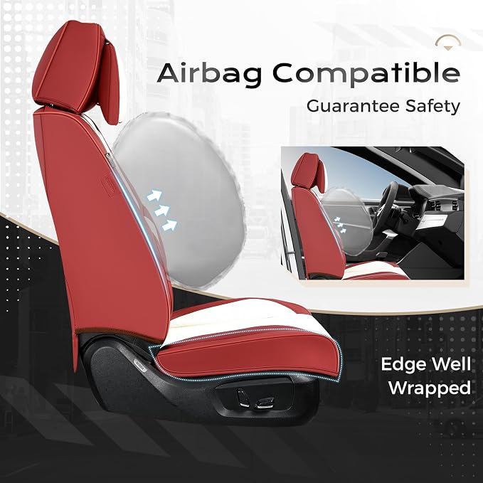 Coverado Seat Covers, Car Seat Covers Front Seats, Car Seat Cover, Car Seat Protector Waterproof, Seat Cushion Nappa Leather with Head Pillow, Carseat Cover Universal Fit for Most Cars (Red&White)