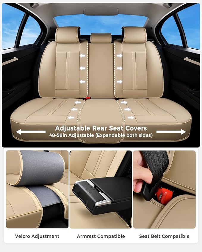 Huidasource Beige Seat Covers Luxury Nappa Leather, Car Seat Cover with Velcro Adjustable, Airbag, Lumbar Support, Cooling＆Heating, Automotive Seat Covers Universal Fit for Most Cars SUV Trucks Beige