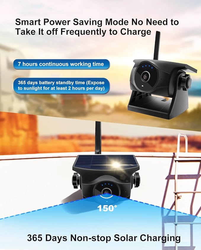 1080P Solar Wireless Backup Camera - Magnetic Hitch Rear Front Camera with Night Vision, 365-Day Standby, Waterproof, with Rechargeable Battery and DC Extension Cable for STONVUE Backup Camera
