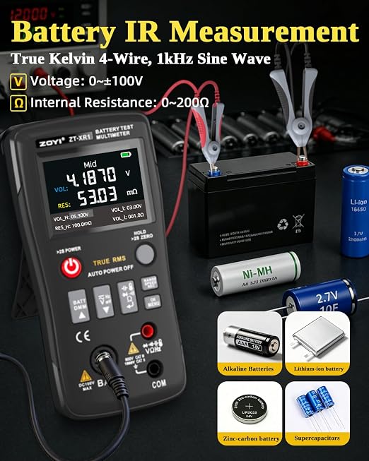 2 in 1 Battery Internal Resistance Tester Multimeter, 0~±100V 4-Wire Measurement, Auto Range 25000 Counts Multimeter for Automotive Battery Inspection, Industrial Tools, Appliance Repair