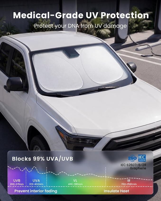 REEVAA 2026 3rd Pro Windshield Sunshade for 2016-2026 Toyota Tacoma | Dual-Layer Heat & Sun Defense, OEM Design | Foldable Sun Shade Car Accessories with Storage Bag