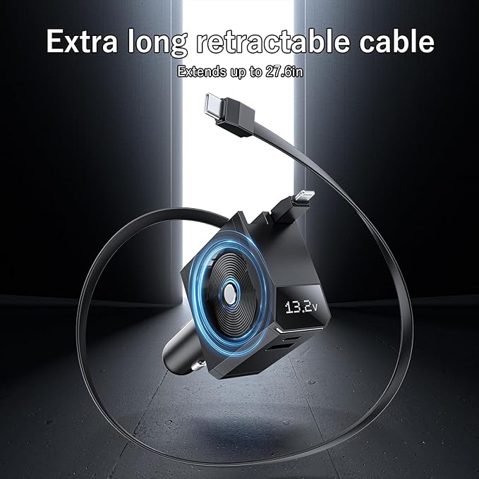 USB C Car Charger, 217W Max Ultra-Compact Type-C Fast Charger with Built-in Retractable Cable Car Adapter and iPhone Adapter for iPhone 15/14 Series,Samsung S24/S23, MacBookPro/Air, iPad, and More