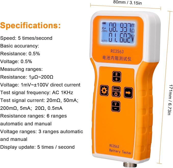 Voltage Tester, RC3563 Voltage Meter Multimeter 3-Digit Display Battery Internal Tester Handheld Portable Battery Internal Voltage Tester (Tester & Probe)