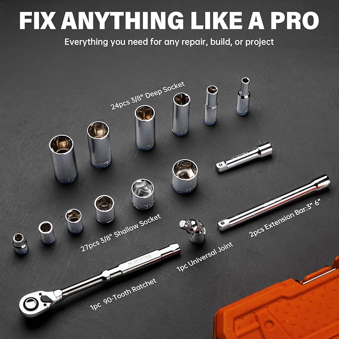 55-Piece 3/8" Drive Master Impact Socket Set, Shallow & Deep Sockets Kit (6-24mm & 1/4"-1"), SAE & Metric, Includes 3" Extension Bar, Universal Joint & 90-Tooth Ratchet, 6-Point Design