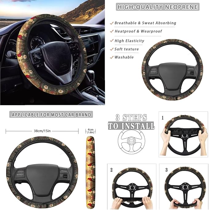 Suobstales Cardinal Daisy Flower Print Car Seat Covers 11 Pcs Car Accessories Interior Set Auto Front Rear Split Seats Protectors with Steering Wheel Cover, Seatbelt Pads, Cup Holder, Keychain