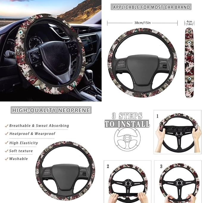 Wanyint Aztec Cow Print Red Retro Auto Seat Cover Full Set with Steering Wheel Cover Shift Knob Handbrake Protector Coasters Head Rest Covers Universal Fit Most Cars SUV Sedans, Pack of 11