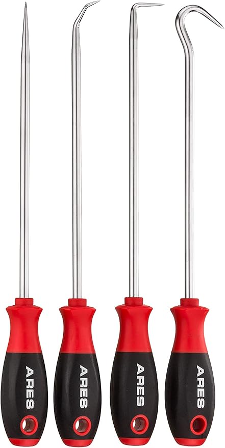 ARES 70246-4-Piece Hook and Pick Set - Includes a Large Straight Pick, 90 Degree Pick, Combination Pick and a Hook Pick - Chrome Vanadium Steel Shafts - Easily Remove Hoses, Gaskets and More