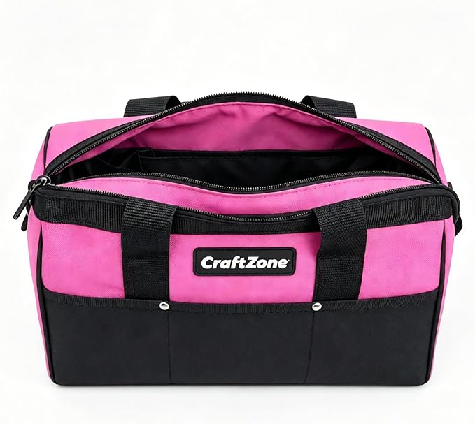 CRAFTZINE 231PCS Pink Tool Kit for Home and Auto Repair, Portable Tool Bag with Wide Mouth Storage | Mechanic Hand Tool Set for Women - Pink Ribbon Design | Pink Ribbon Design