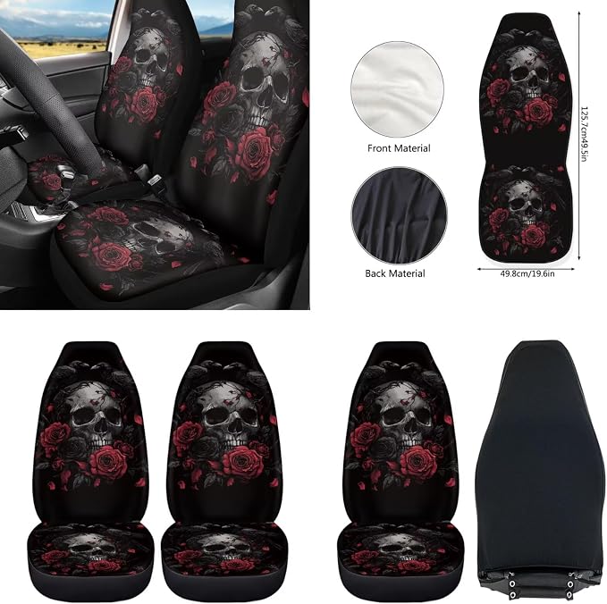 Howilath Raven Rose Skull Car Front Seat Cover with Center Console Cover+Steering Wheel Cover+Seatbelt Pads+Keychain+Coasters Car Accessories Set of 10
